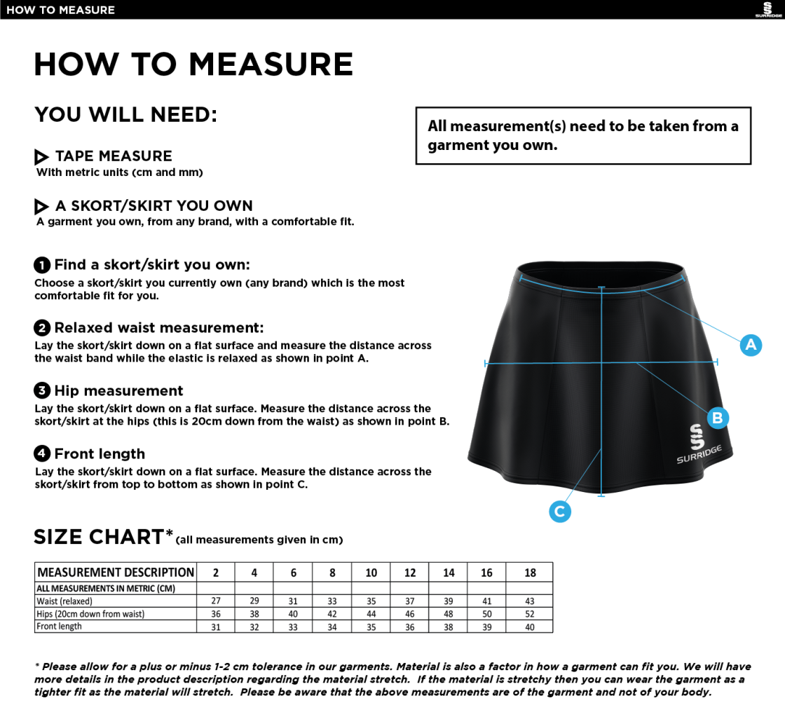 Sir Thomas Boteler School Skort - Compulsory - Size Guide