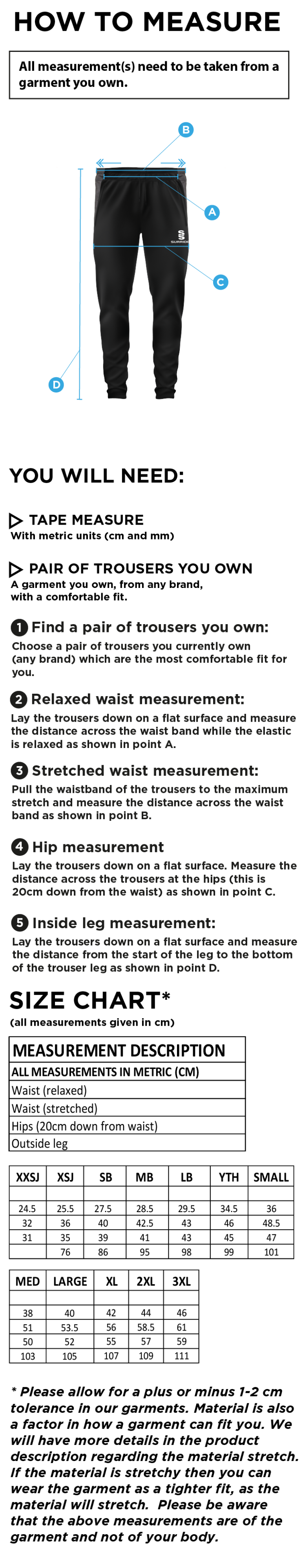 SIR THOMAS BOTELER SCHOOL TEK PANTS - Size Guide